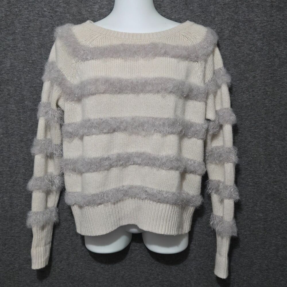 Rebecca Taylor Sweater Womens Medium Beige Silver Striped Eyelash Fringe